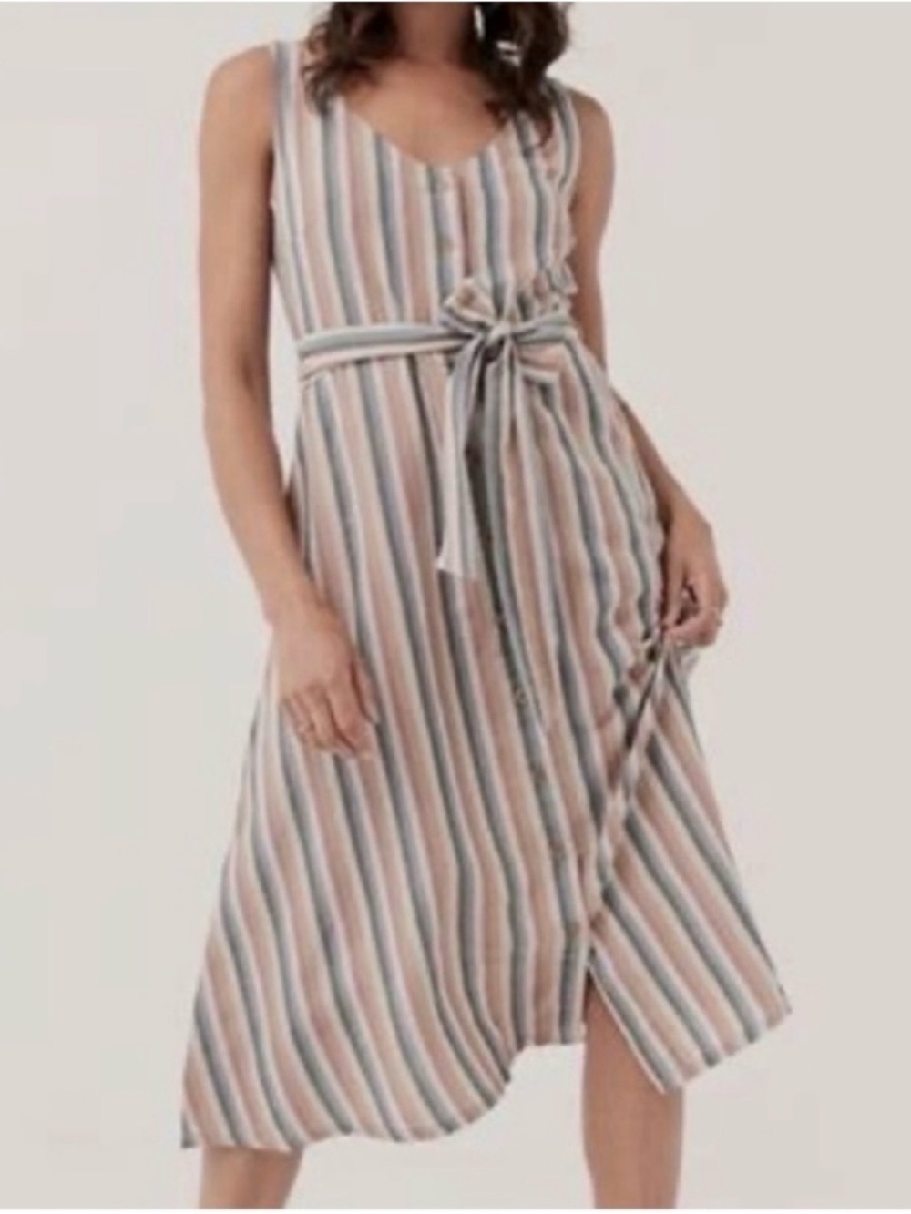 NWT Pact Stucco Vertical Stripe Harbour Midi Dress Sz M Cotton Linen Blend - Picture 2 of 12